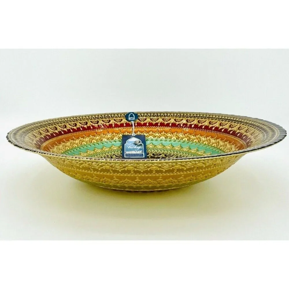 Turkish Glass Round Bowl Dinner Display Gold Oriental Lace 16” W 3” D